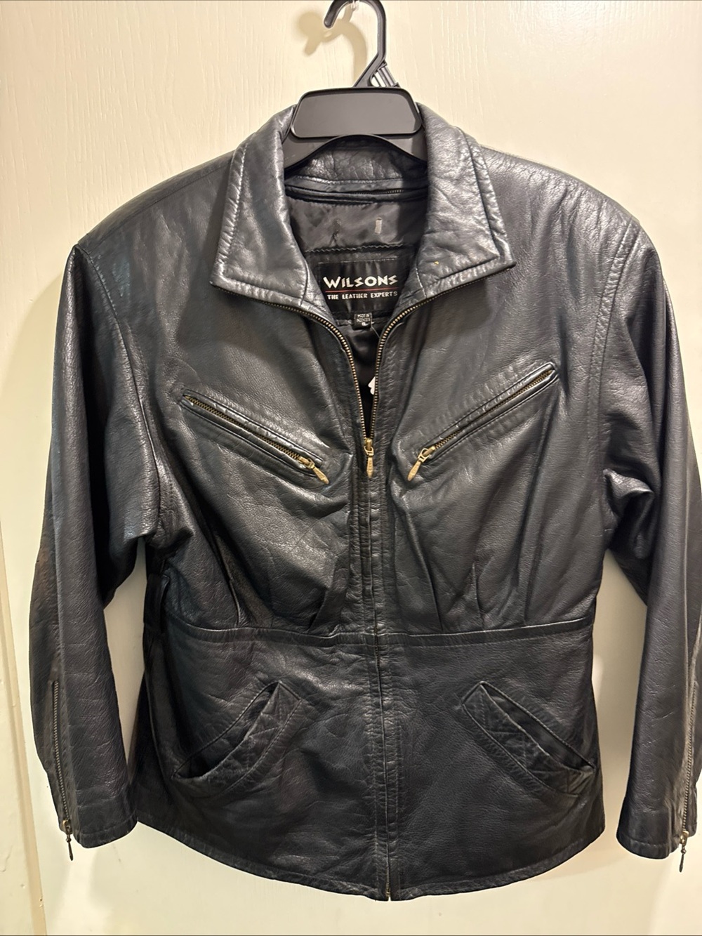 Wilson vintage 90s Moto Black Leather Zip-Front Jacket for women Removable Lin